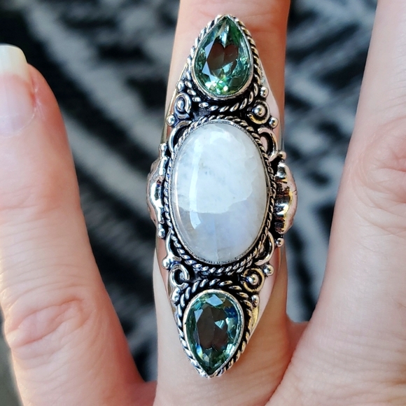 New Rainbow Moonstone & Green Amethyst 925 Silver Statement Ring. - Picture 10 of 15
